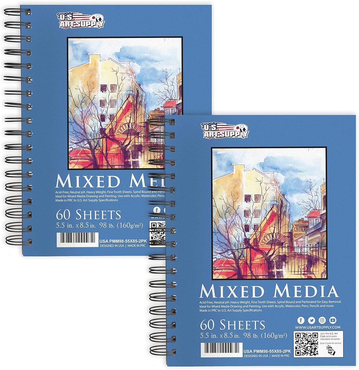 Sketchbook, 2 Pack (60 Sheets), 98 lb (160 GSM) - Spiral-Bound Pad with Perforated Acid-Free Paper - Artist Sketch Book for Drawing, Painting, Watercolor